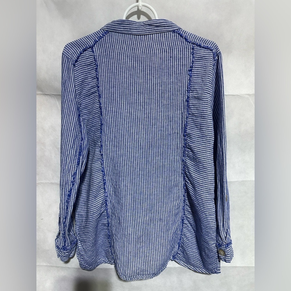 John Mark Shirt Women’s M Blue White Striped 100% Linen Button Down Roll Tab - Picture 2 of 6
